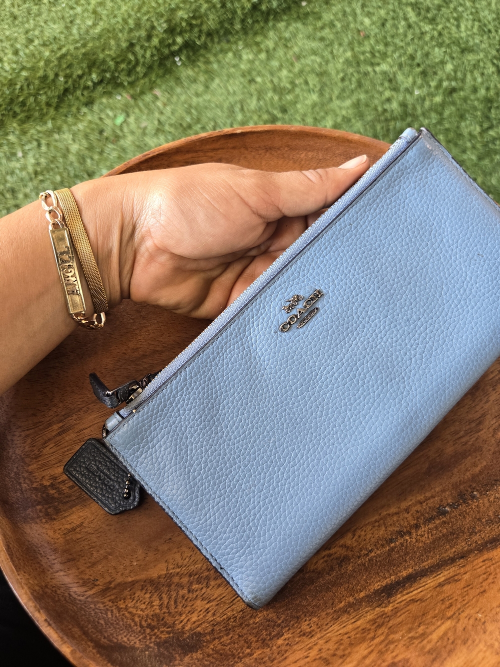 Coach Light Blue Pebbled Leather Zip Clutch Wallet